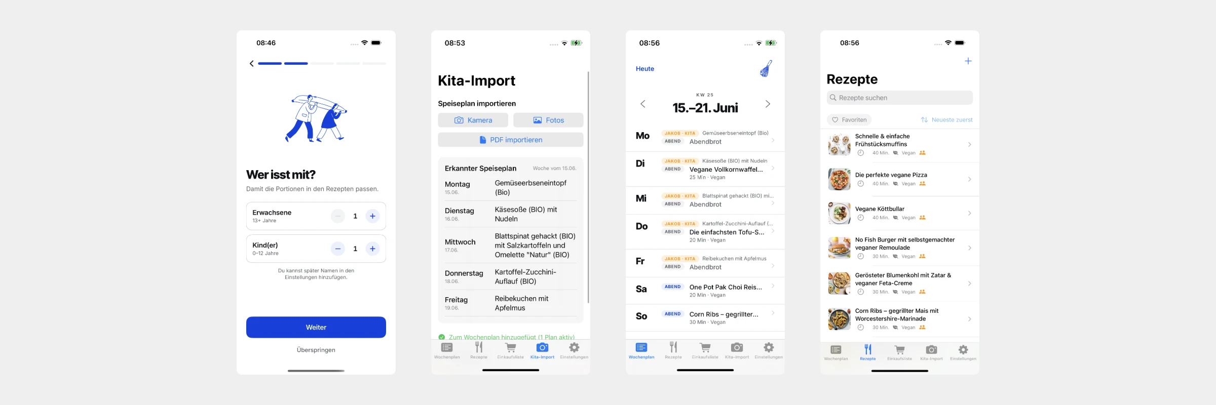 Vier Screens der App: Onboarding, Import des Kita-Speiseplans, Wochenplan und Rezeptliste