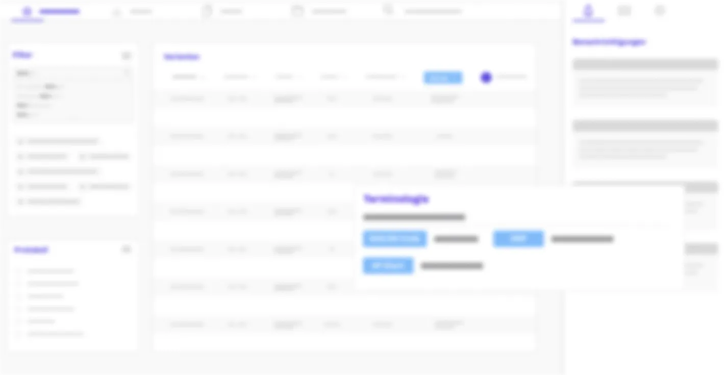 Portal-Interface mit Massendaten-Verwaltungsansicht, Filterbereich und Tabellenansicht